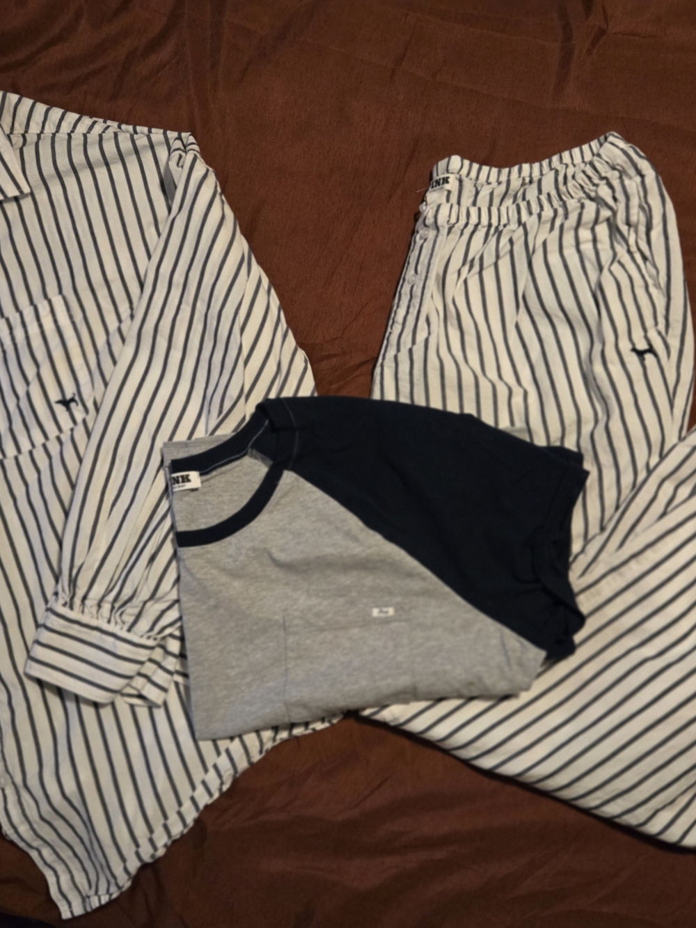 PINK  Women’s Grey & Navy Raglan Tee, With Blue & White Striped Matching Set